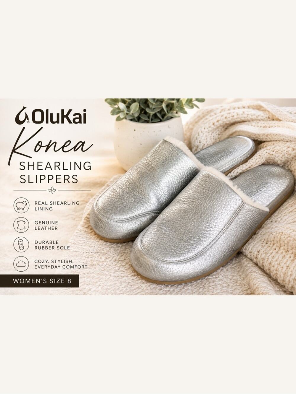 OluKai Konea Metallic Silver Shearling Leather Slide Slippers Women’s Size 8